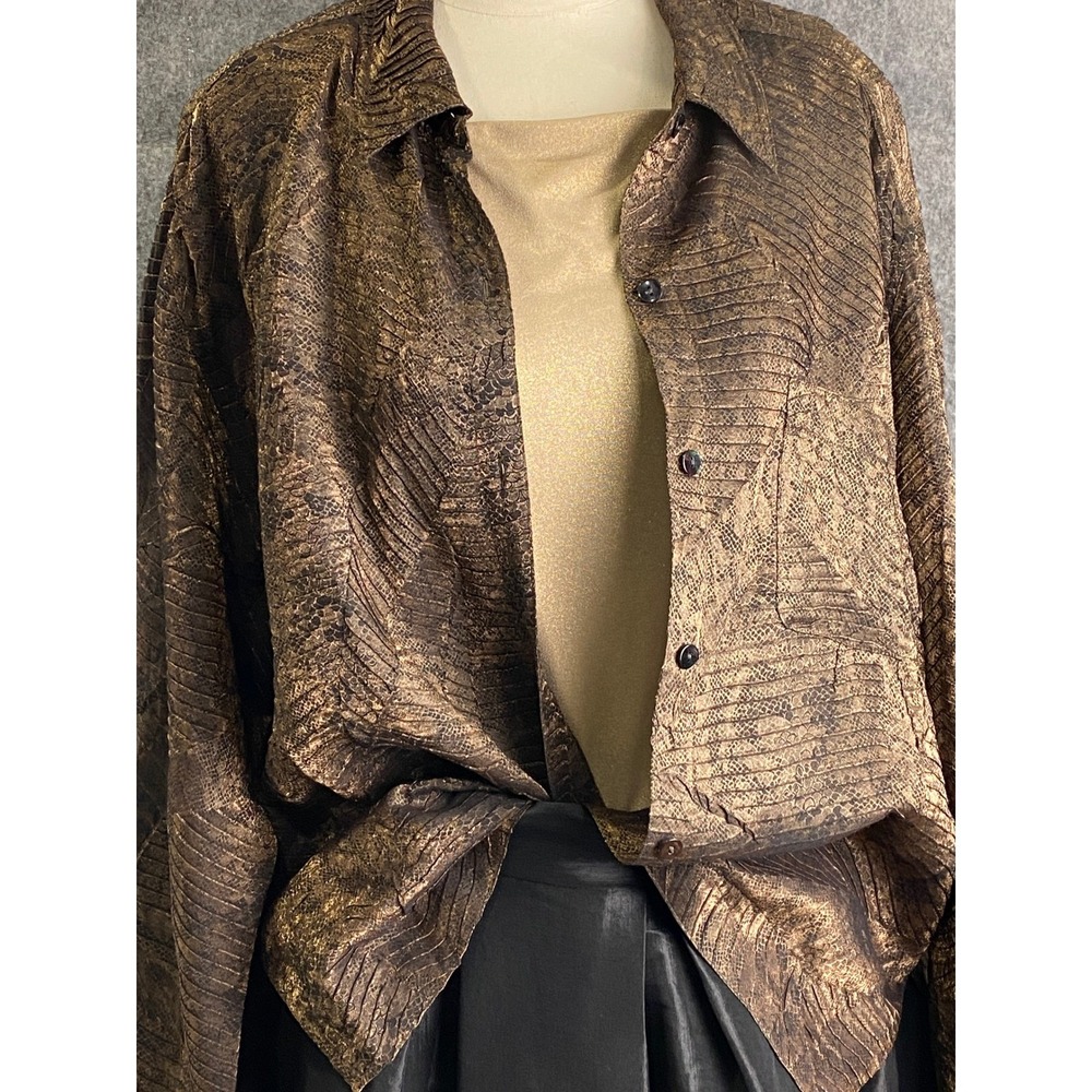 Chico's Metallic Bronze Snake Leaf Print Button Jacket Top Size 3 (L/XL) - Picture 14 of 16